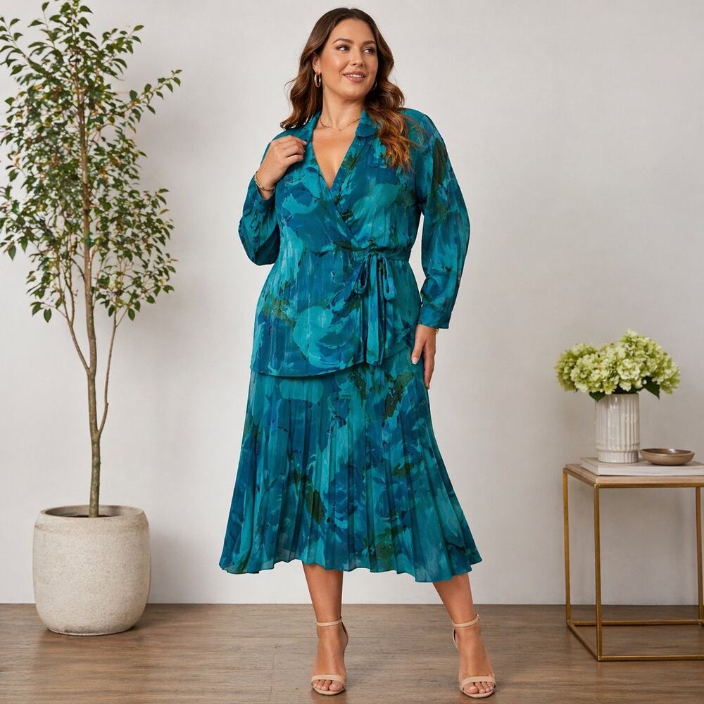 Carole Little Teal Blue Floral 2 Piece Wrap Set Skirt Suit Sz 18W Vintage